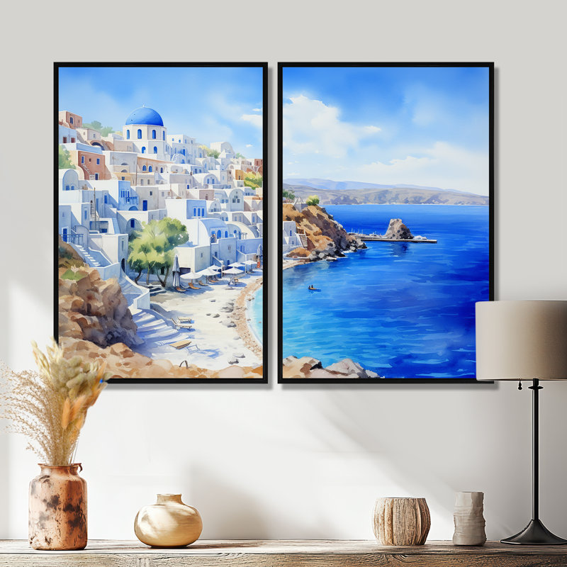 Santorini, Grèce, sérénité - Grande Grèce, art mural, 36" H x 48" W, Impression encadrée flottante, Black
