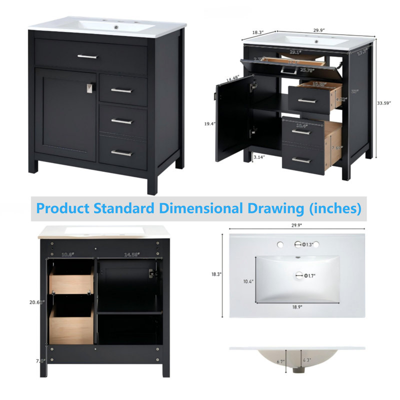Meuble-lavabo de 30 po avec comptoir en céramique et grand rangement, Noir, noir, noir, noir, Argent argent