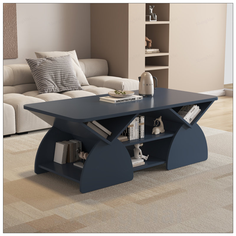 Table basse de coin rectangulaire en bois d'ingénierie avec tablettes ouvertes pour un assemblage facile et une conception géométrique moderne