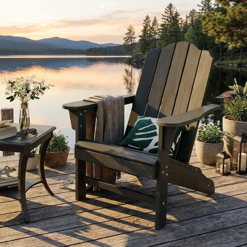 Folding Adirondack Chairs, HDPE Wood Grain Outdoor Patio Chairs with Cup Holder & Wide Armrests, Weather-Resistant Plastic Lawn Chairs for Backyard, Deck, Poolside, Camping