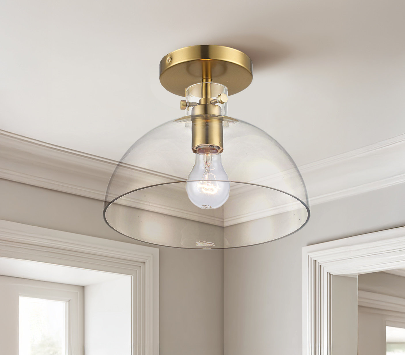 Martins Single Light Glass Semi Flush Mount, Antique Gold