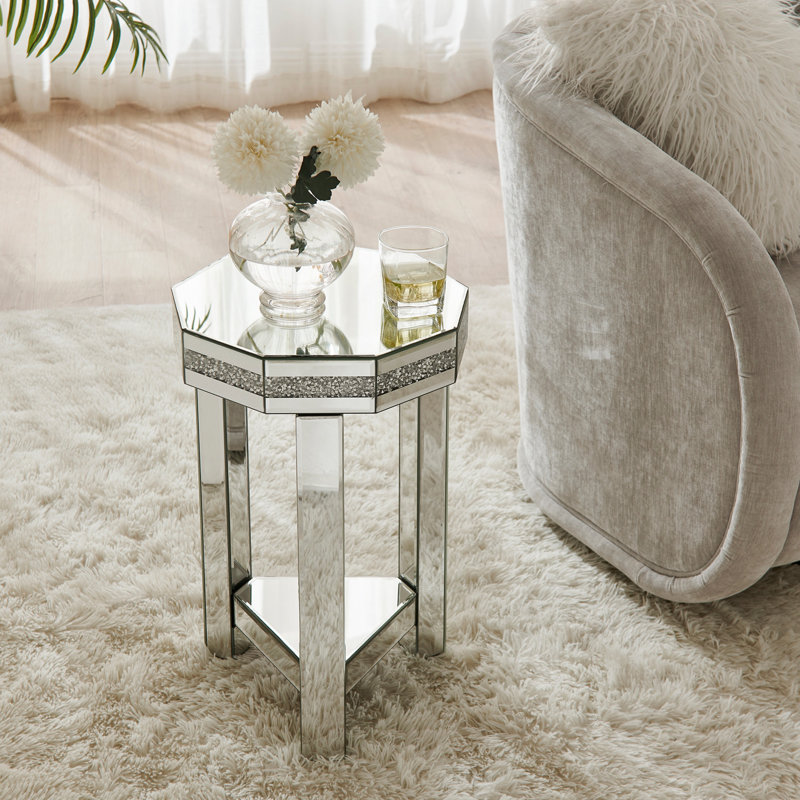 Table de bout à miroir en octogone avec incrustation de cristaux, petit canapé moderne à 2 niveaux avec rangement, table d'appoint décorative argentée pour le salon, la chambre à coucher, le café et les petits espaces l 13,8 po x P 13,8 po x H 21 po