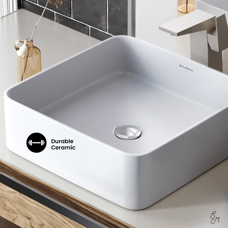 White Ceramic Square Above-Counter Vessel Sink, 15.74"