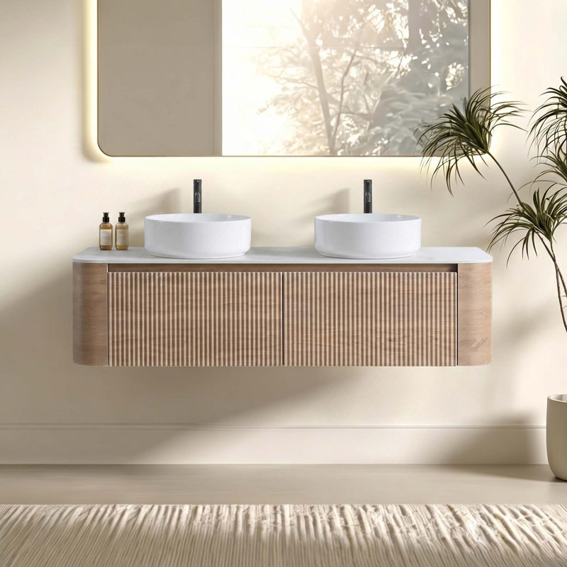 Meuble-lavabo mural 60 po avec double lavabo en céramique et porte-serviettes gratuit, Blanc, 60", Chêne miel