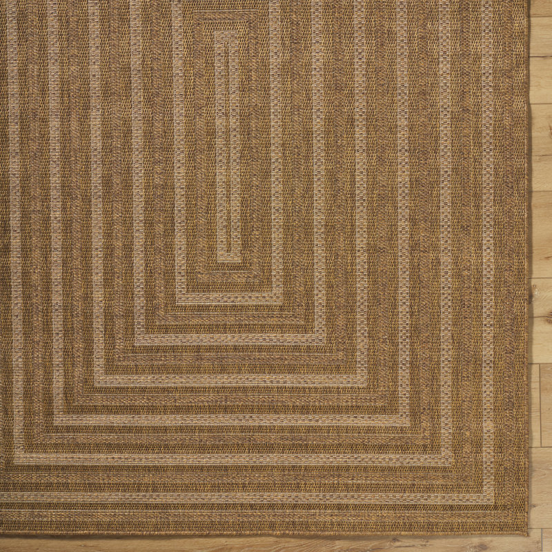 Dark Brown Tan Modern Outdoor Rug, Bordered Stain Resistant Easy to Clean Rug For Patio, Balcony, Decks & Garden