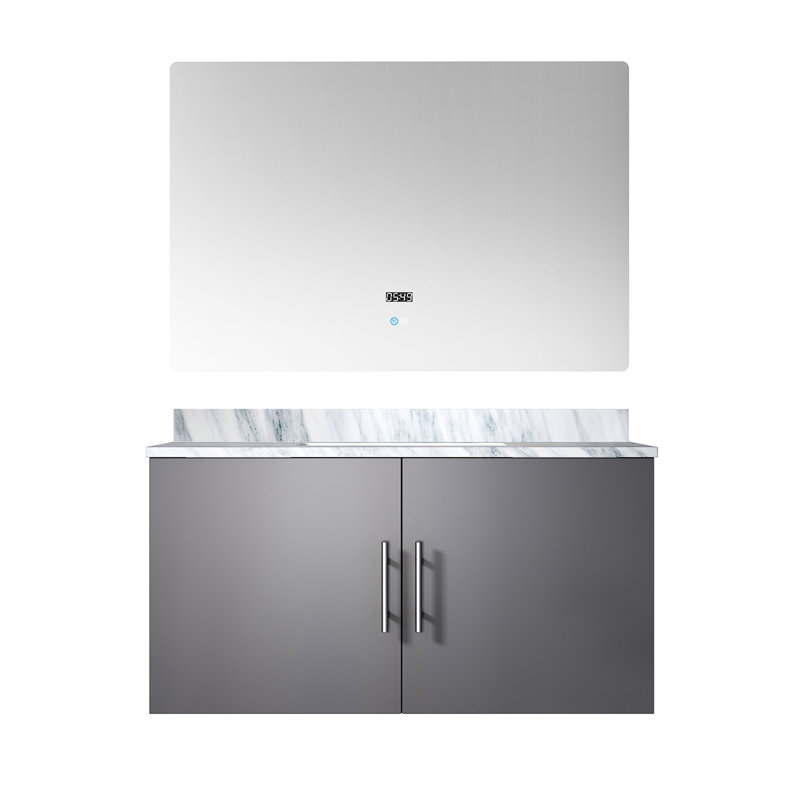 36 po Miroir à DEL et meuble-lavabo gris foncé avec plateau en marbre - étagères spacieuses, fabrication, rangement intérieur à fermeture en douceur, à endommager