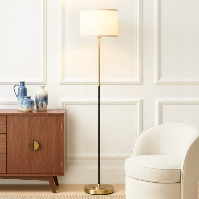Emery 60 in. Mid-Century Modern LED Energy Efficient Floor Lamp with Fabric Drum Shade