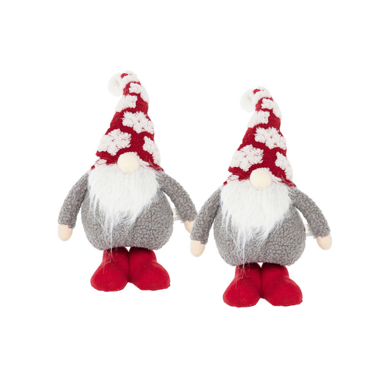 Fabric Gray Body Standing Gnome Snowflake Pattern Hat Set of 2 9.7" x 4.7" x 17.7"H Red/White