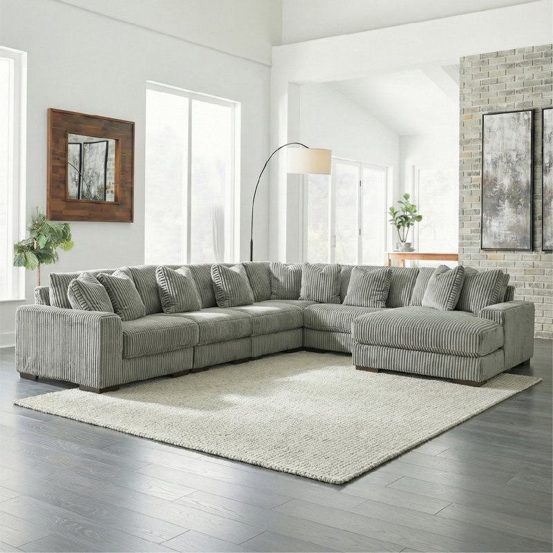Canapé modulaire avec méridienne 6 pièces Lindyn, Polyester gris
