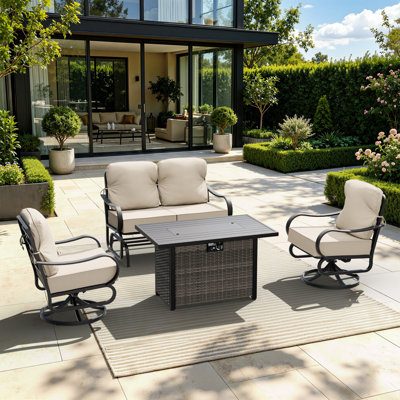 Ensemble de patio en métal 4 places avec causeuse coulissante, chaises pivotantes et table de foyer au propane, coussin bleu
