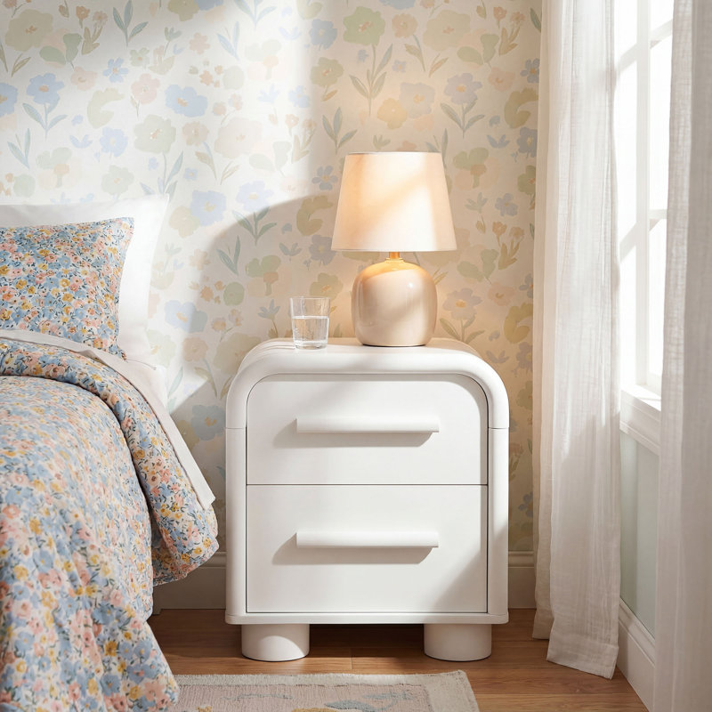 Table de chevet 2 tiroirs Rayshawn, Blanc mat