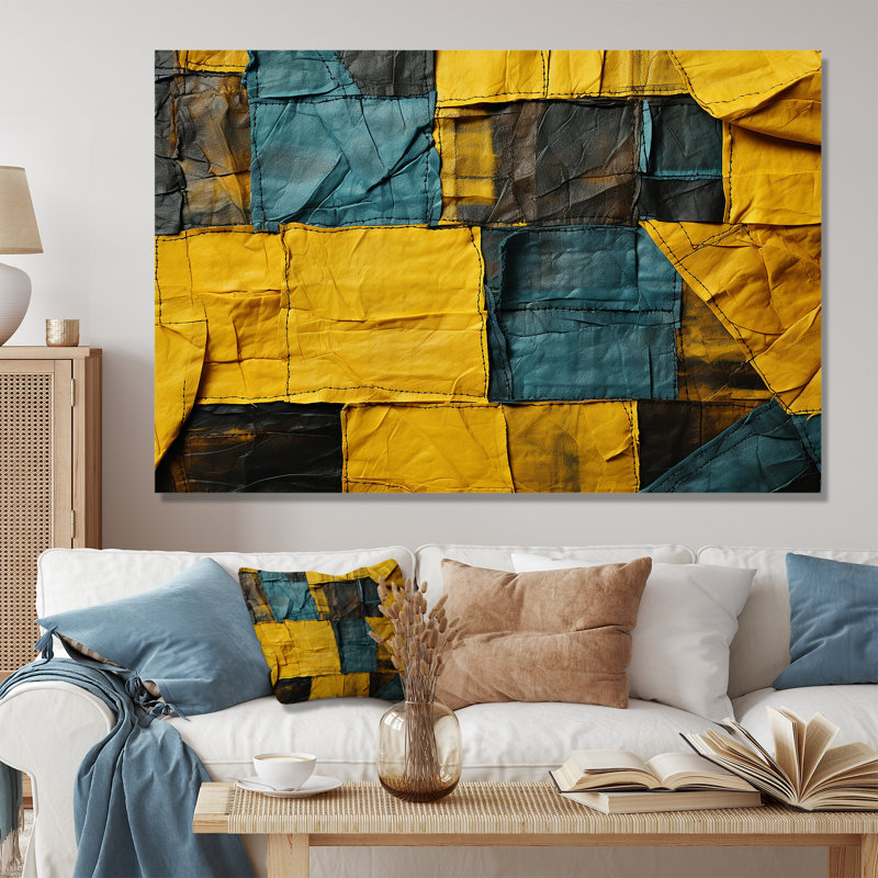 Cube abstrait jaune et vert - Collages abstraits, art mural, Toile tendue, H 40 po x l 60 po x P 1,5 po