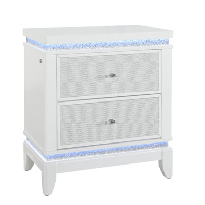 Stylish White Nightstand With Glittered Drawer - 2 Big Storage Drawers, Led Lighting, Wood Material Chic Drawers Glitter Front, Lamp, Solid + Mix