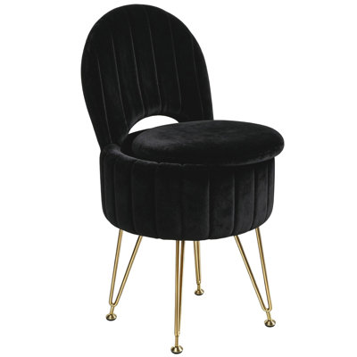 Vanity Stool with Storage, Round Faux Fur Makeup Chair with Foldable Backrest, Gold Metal Legs, Memory Foam Cushion for Bedroom Dressing Room