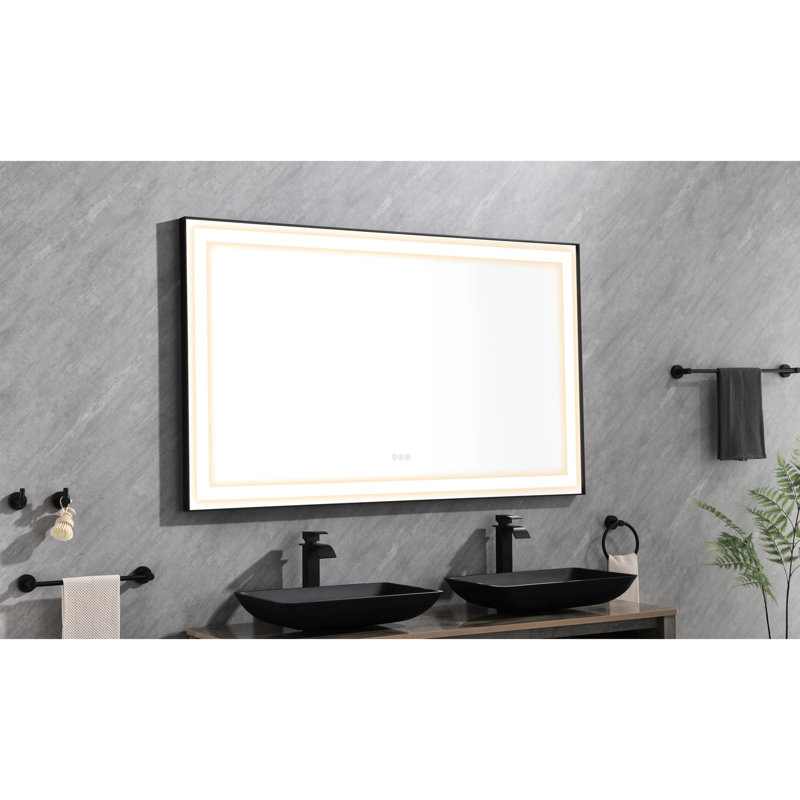 Miroir mural de salle de bain 72 * 48 avec DEL - Lumen élevé, brouillard, aluminium noir mat