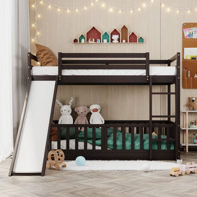 Twin Over Twin Bunk Bed with Slide and Ladder, Convertible Wooden Bunk Bed with Guardrails, Pine Frame, Slat Included, Espresso