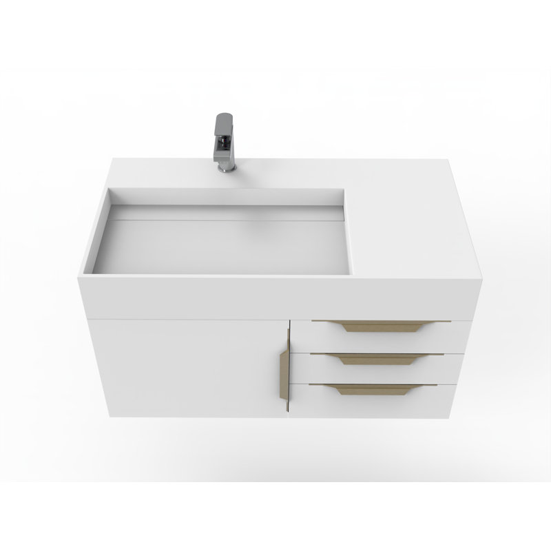 Ensemble de meuble-lavabo mural simple 36 po Bassi, Blanc, Blanc, Doré