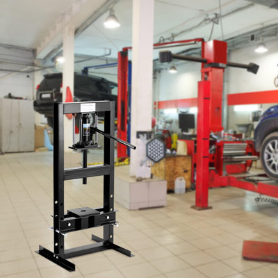 Presse d'atelier hydraulique à cadre en H 6 tonnes - Unité de plancher ou de banc robuste à hauteur réglable avec plaques de presse - réparation automobile, redressage de pièces, utilisation dans un atelier industriel - rouge