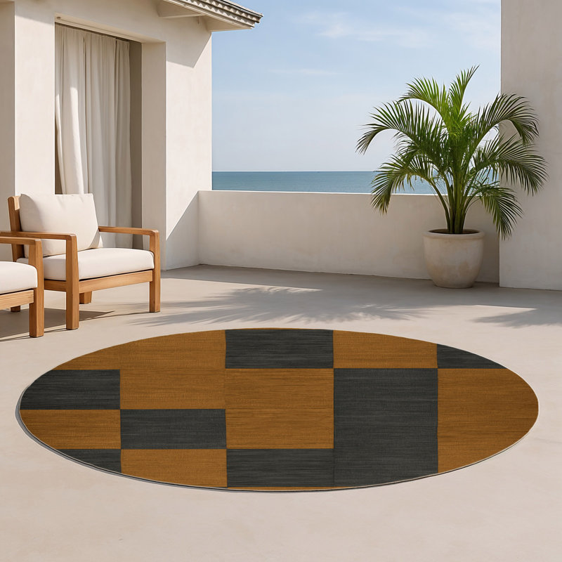 Tapis d'intérieur et d'extérieur à carreaux brun, Rond 5 pi