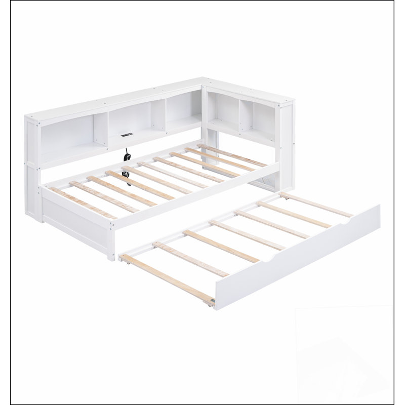 Lit de jour simple avec lit gigogne, armoires de rangement et ports USB, Blanc