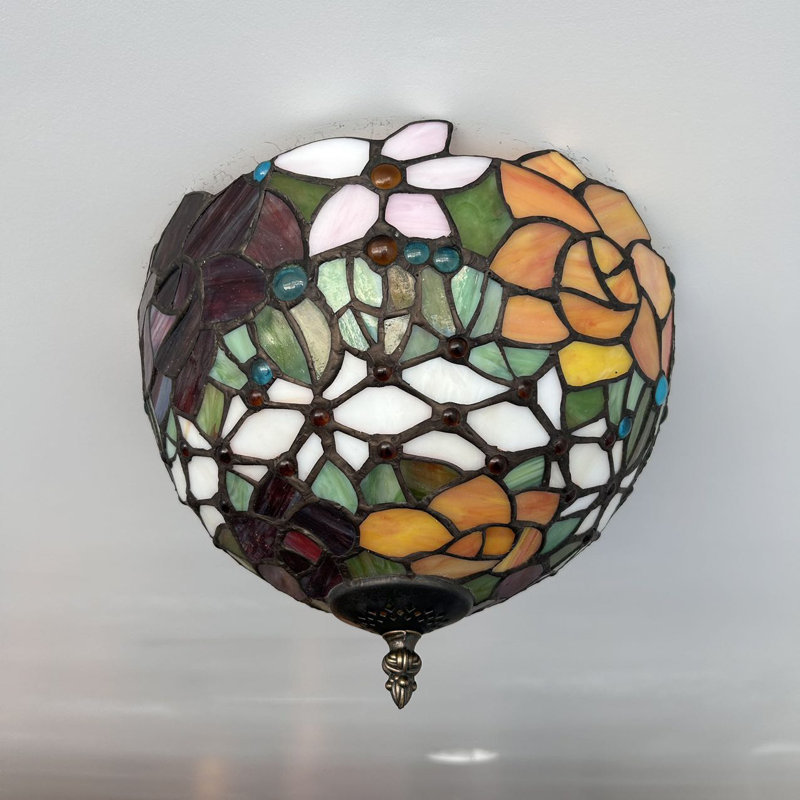 Tiffany Ceiling Lights Fixture Red Orange Stained Glass Rose Flowers LED Bulbs 12”W*12”D*8”H