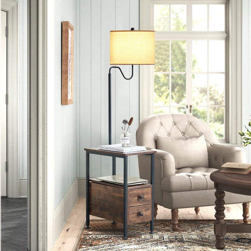 Lampe sur pied avec table d'appoint, table de bout rustique avec ports USB et ports de type C, 2 prises et tiroirs de rangement, abat-jour réglable pour le salon, la chambre à coucher
