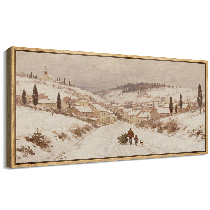 «Vintage Snowy Village Artwork», reproduction d'art sur toile encadrée, Naturel, H 30 po x l 60 po