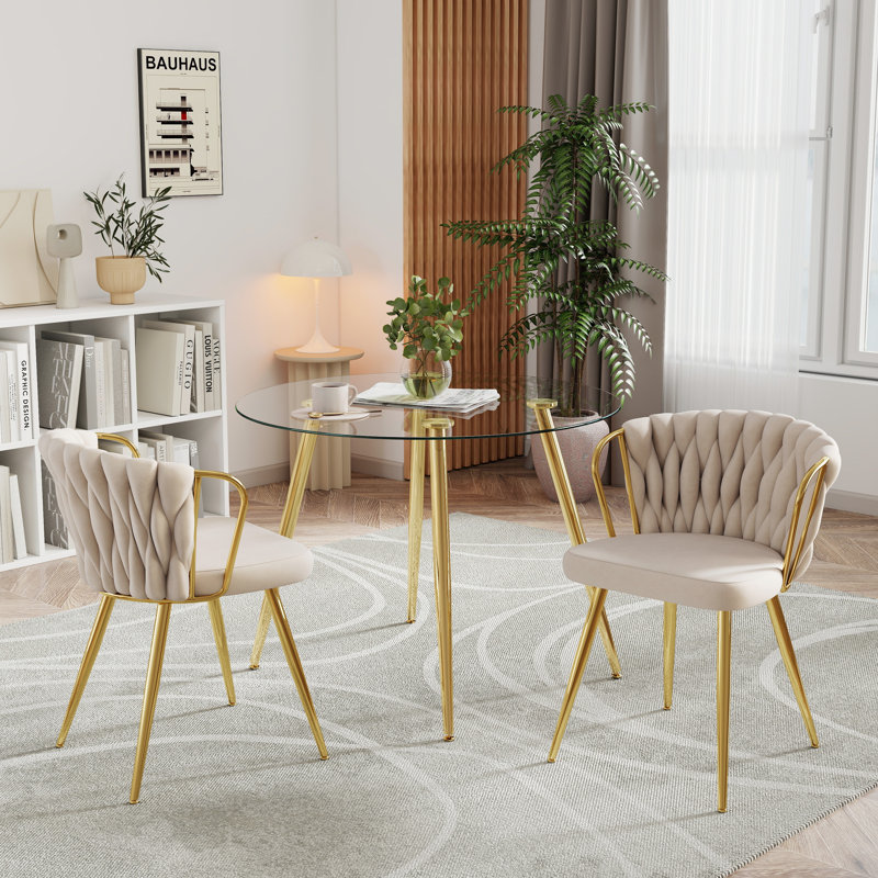 3-Piece Round Glass Dining Table Set For 2, Beige/Gold