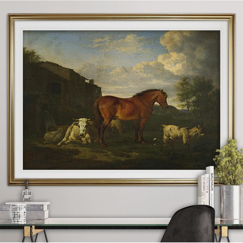 « animaux près d’un bâtiment », impression, Cadre doré, Blanc mat, H 28 po x l 38 po x P 1,5 po