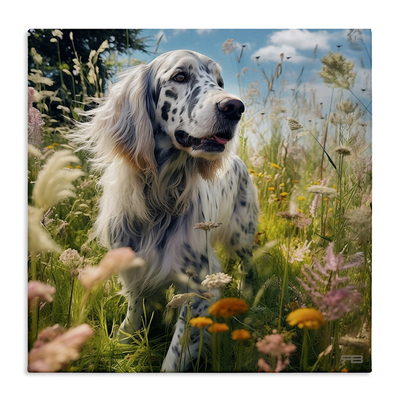 «Happy Dog Parmi Fleurs», art mural sur toile par Roozbeh Bahramali, H 24 po x l 24 po