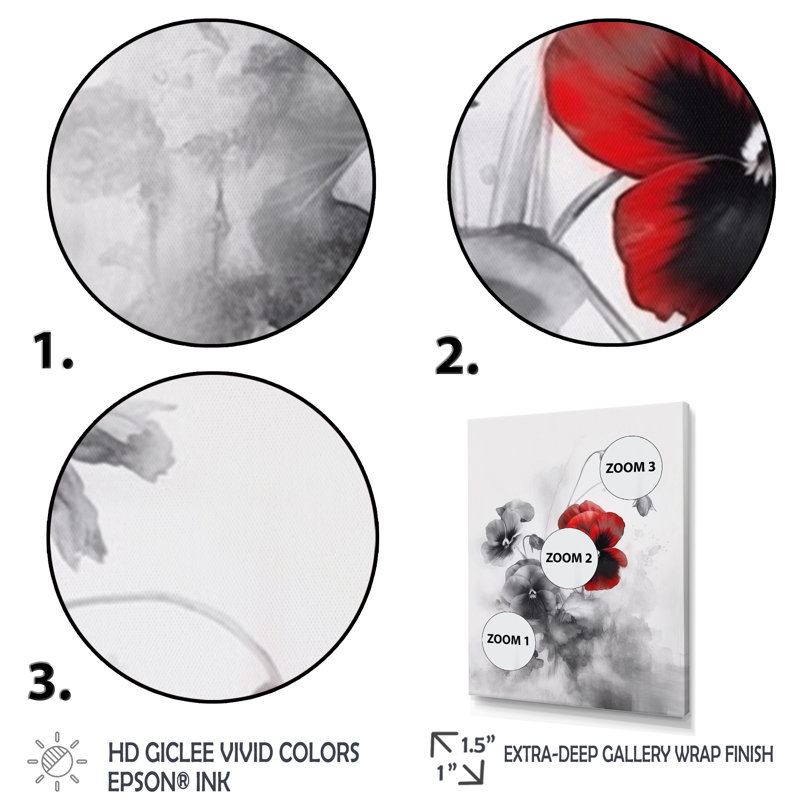 «Red and Grey Minimalisme Pansies II», reproduction sur toile, H 20 po x l 12 po x P 1 po, Cadre flottant noir