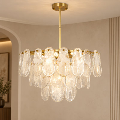 Lustre moderne et glamour de 58 cm (23 pouces) en verre texturé transparent et cuivre, style goutte