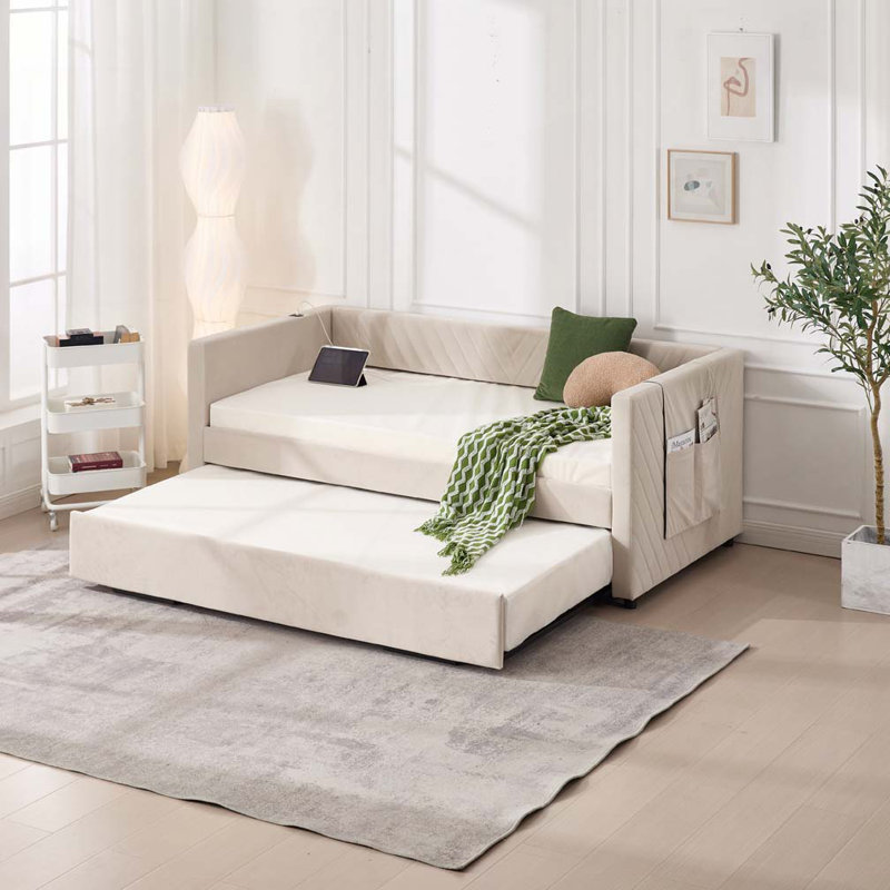 Upholstered Daybed with Trundle,USB Port ,Side Pockets, Beige