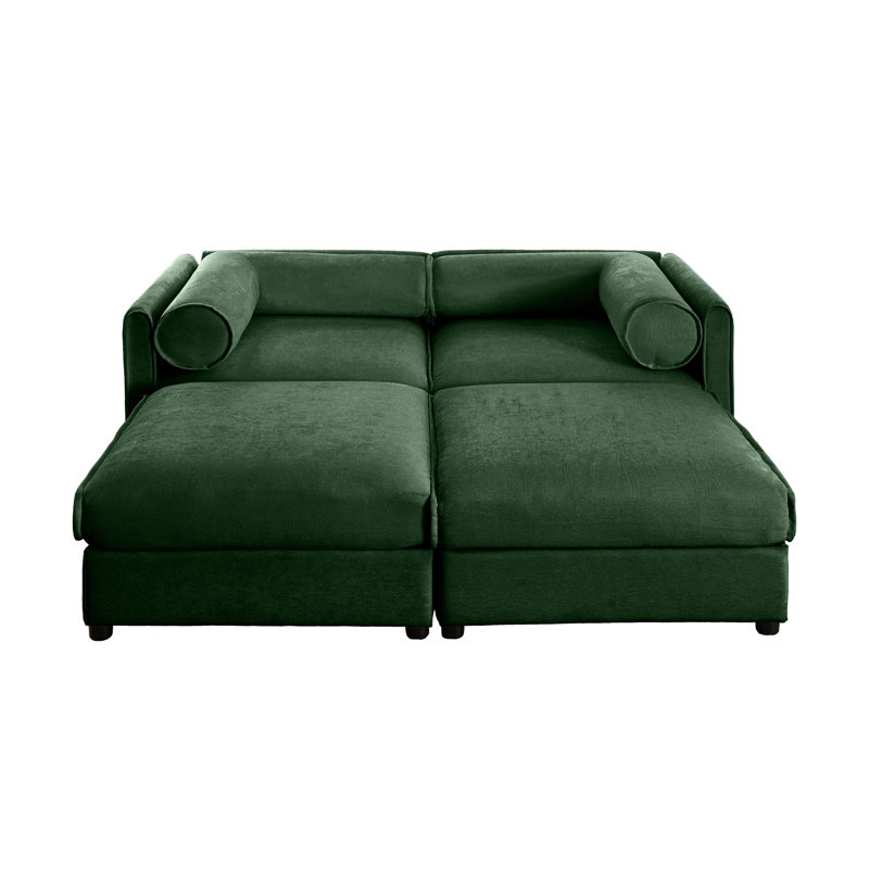 Élégant canapé à 2 places en chenille verte avec 2 repose-pieds