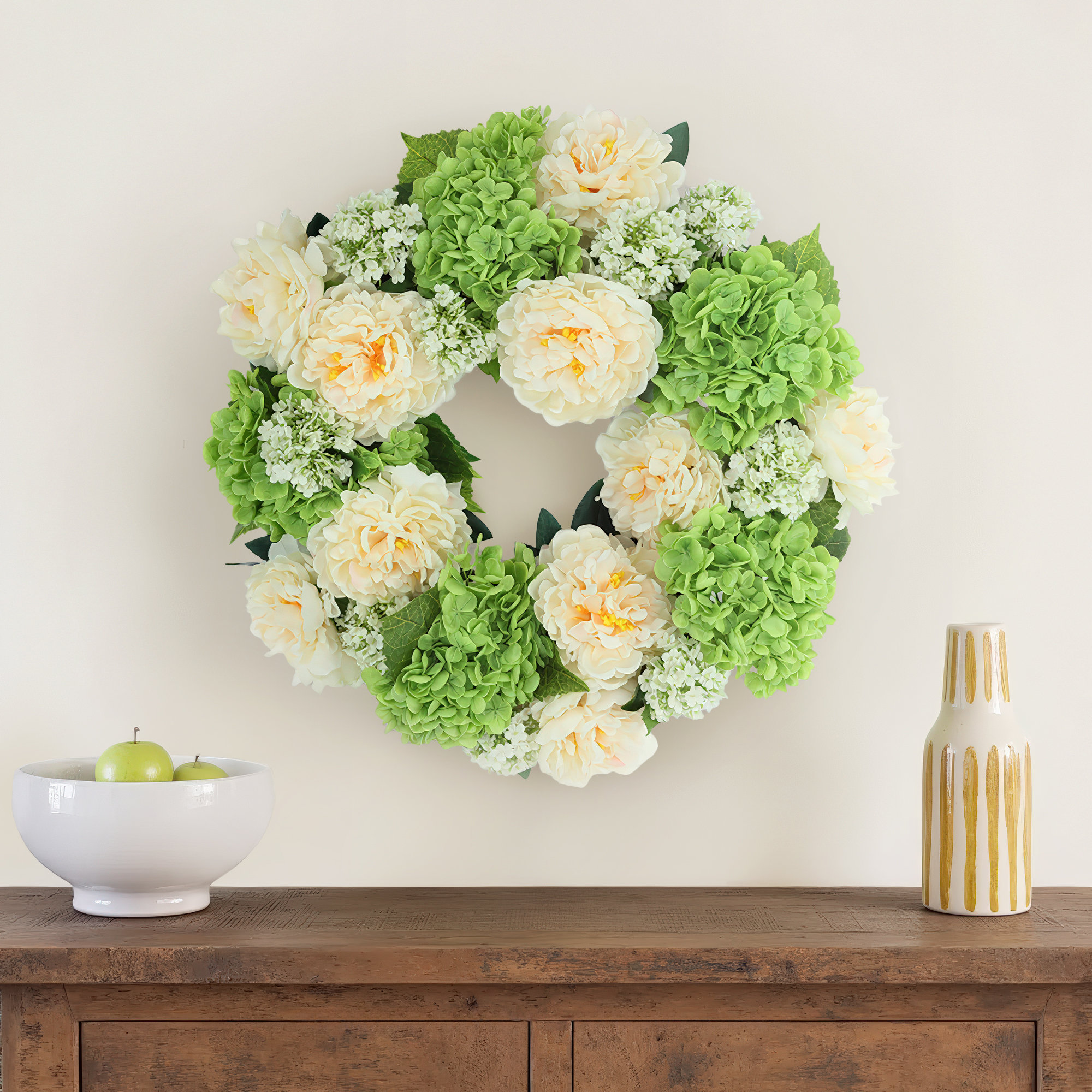 22" Spring Wreath and Centerpiece with Real-Touch Hydrangeas and Peonies