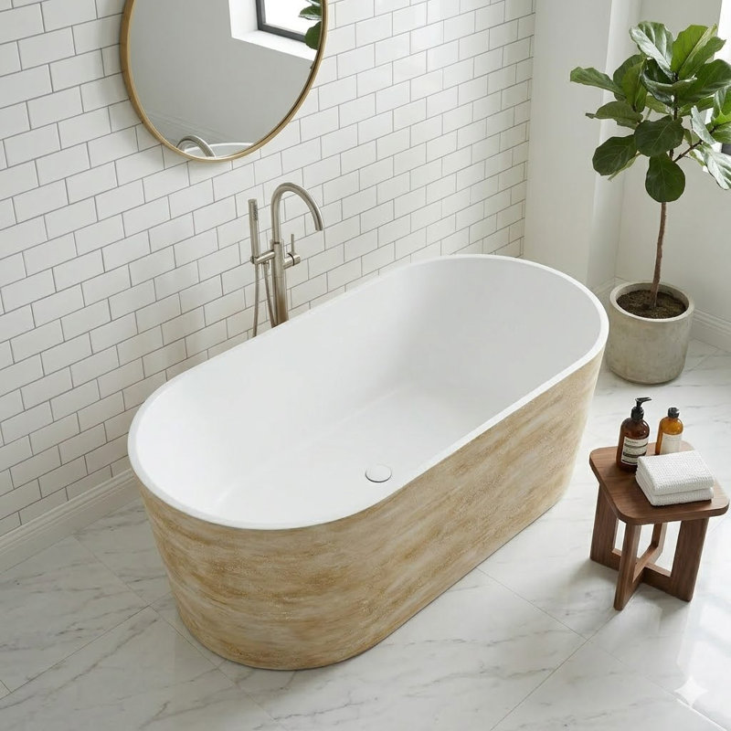 Baignoire autoportante à surface solide de 63 po - intérieur blanc mat avec teinte de bois extérieure avec texture de fossette encastrée