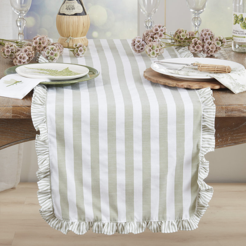 Striped Ruffle Edge Table Runner – Decorative Non-Reversible Cotton Blend Table Runner for Dining Table, 16"x72", Green