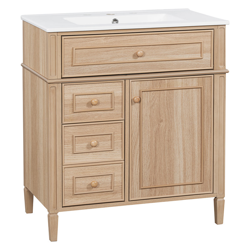 Meuble-lavabo de 30 po en grain de bois naturel avec lavabo en céramique, structure en bois massif, 1 tiroir escamotable, 1 support de porte et 2 tiroirs à fermeture en douceur (bois / bois clair)