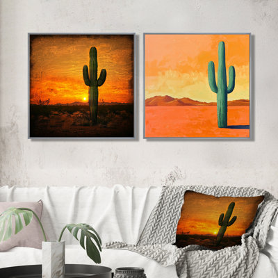 Cactus dans le désert lueur I - Art mural floral cactus - Art mural traditionnel sur toile 2 pièces