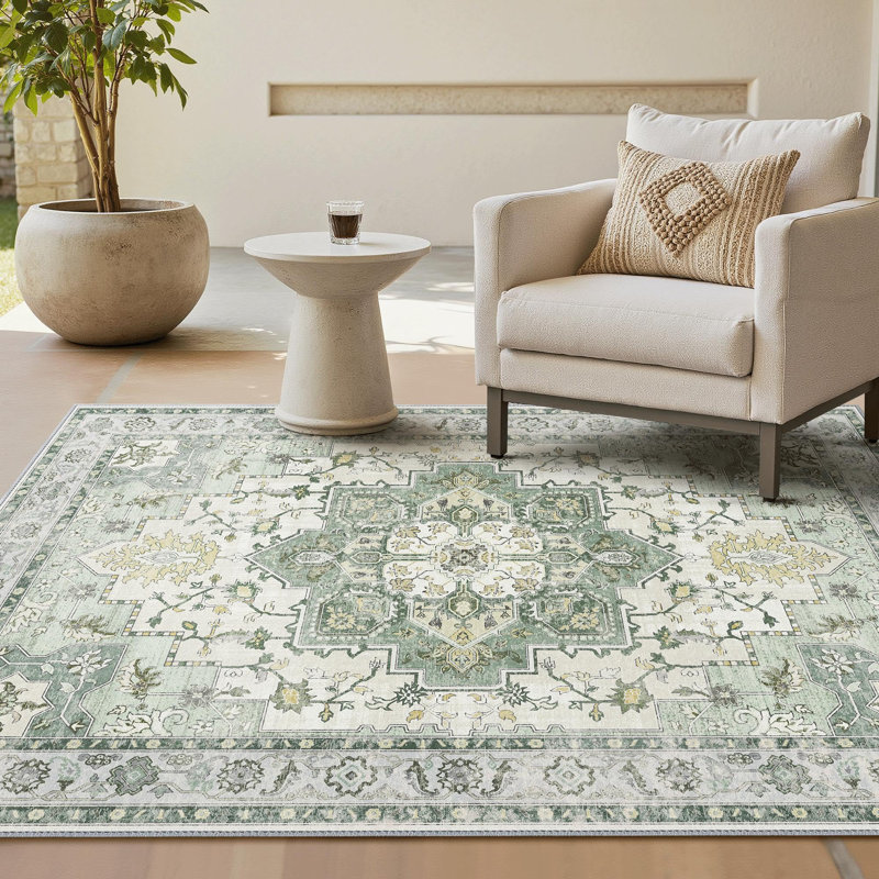 Oriental Performance Machine Washable Non Slip Neutral Green Indoor Area Rug, Rectangle 160 x 230 cm