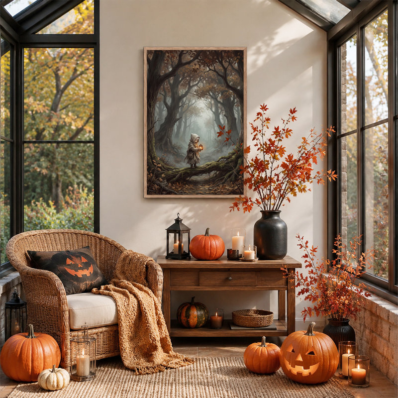 Personnage encapuchonné avec lanterne dans une forêt brumeuse - Toile murale d'Halloween, 24"H x 18"W