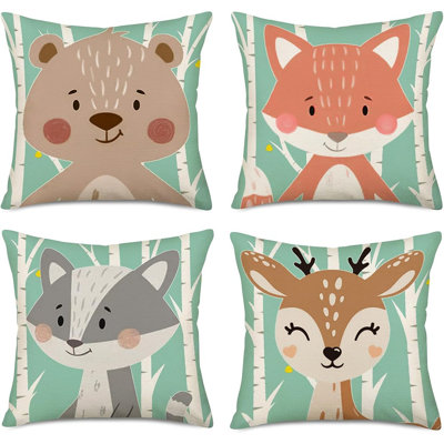 Woodland Animal Throw Pillow Covers – Multicolor – Cotton Linen Cushion Covers Featuring Bear, Fox, And Rabbit For Home Or Nursery