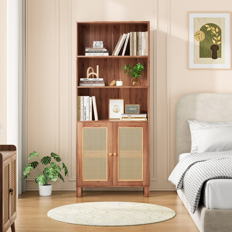 5 -Tier Storage Bookcase with 2 Doors And Adjustable Shelves, Natural
