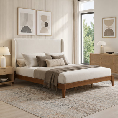 King Size Solid Dry Bamboo Wood 12 Inch Platform Bed, with 48" Upholstered High Headboard, Easy Assembly