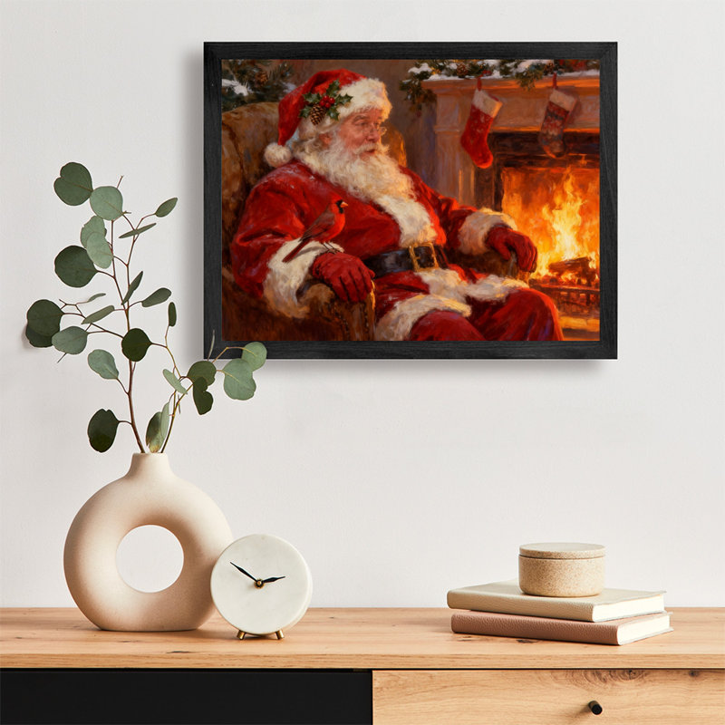 Reproduction d'art encadrée noire, père Noël et cardinaux, H 9 po x l 11 po