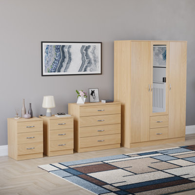 Tayce 4 Piece Bedroom Set (3 Drawer Bedside Chest X2, 4 Drawer Chest, 3 Door 2 Drawer Mirrored Wardrobe)