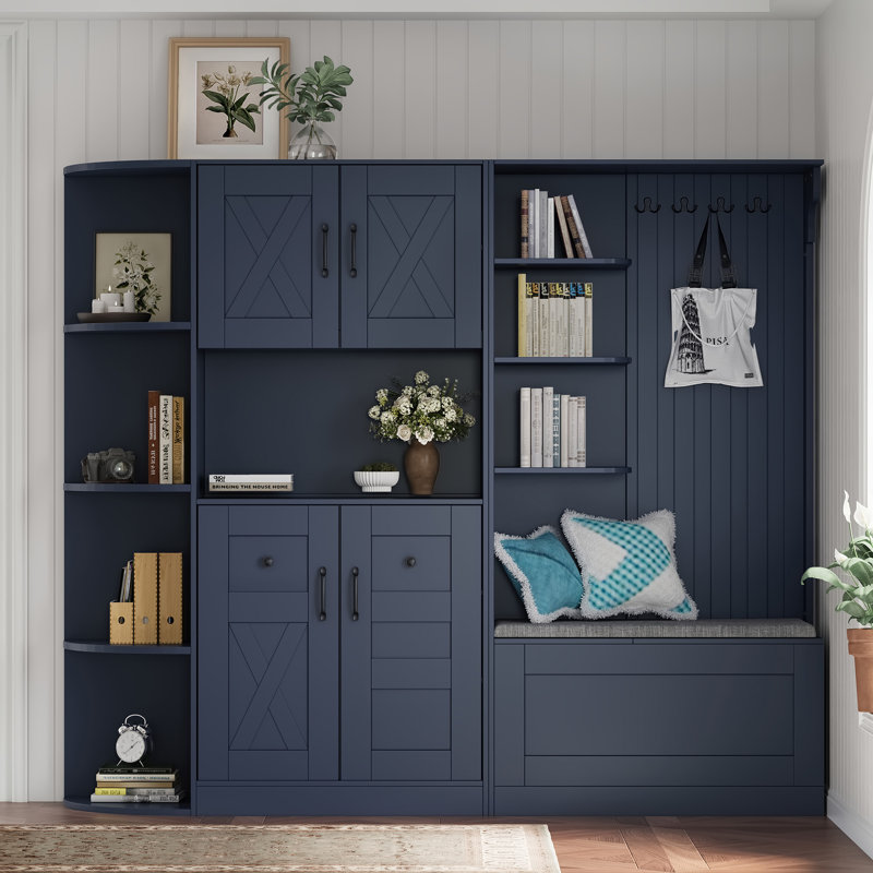 Armoire de vestibule multifonctionnelle gauche-droite avec rangement et 4 crochets, Blanc