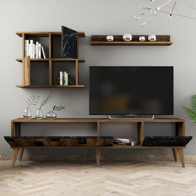 Meuble télé moderne avec tablettes murales, finition noyer et noir, 70,9 x 19,1 x 13,3 pouces | 100% panneau de particules enduit de mélamine, épaisseur: 0,7 pouce | Solution de rangement élégante pour le salon, conception murale facile