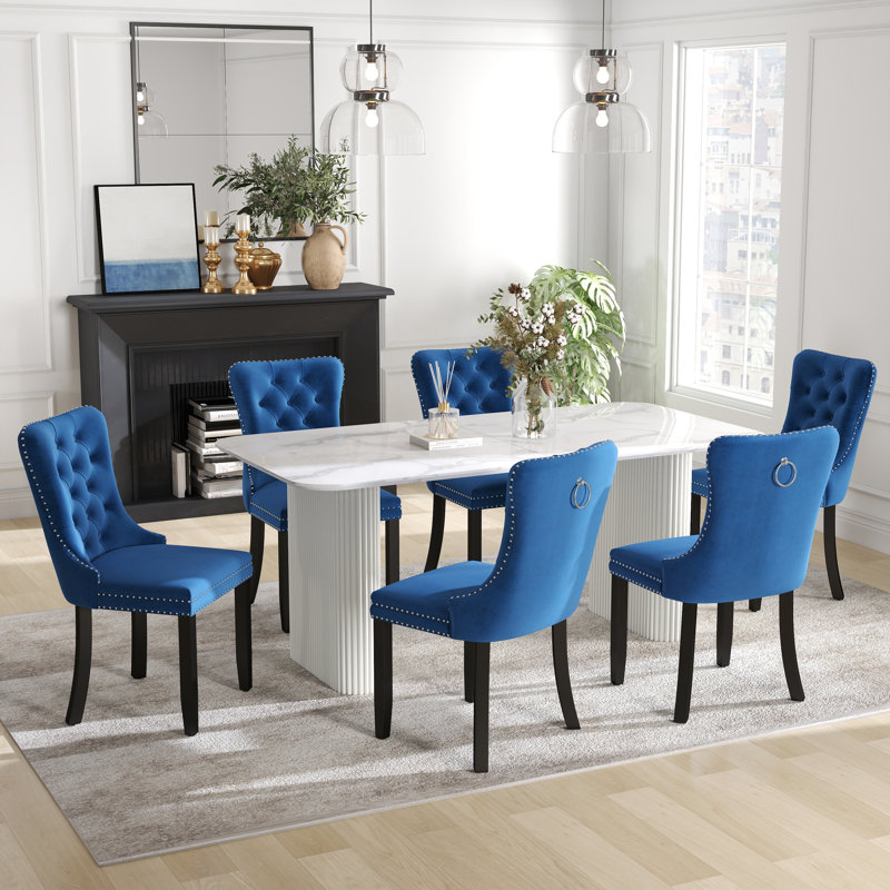 Ensemble de salle à manger rectangulaire à double piédestal avec table de salle à manger de style crème, Bleu, 7