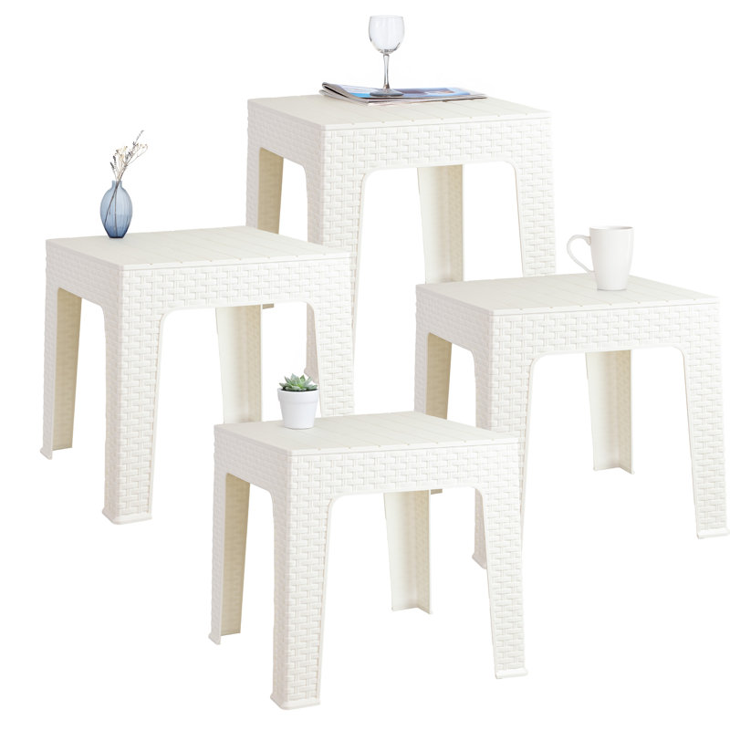 Table d'appoint carrée en plastique pour terrasse - 17,75 po - Plateau de table en faux blanc - Ensemble de 4, Blanc